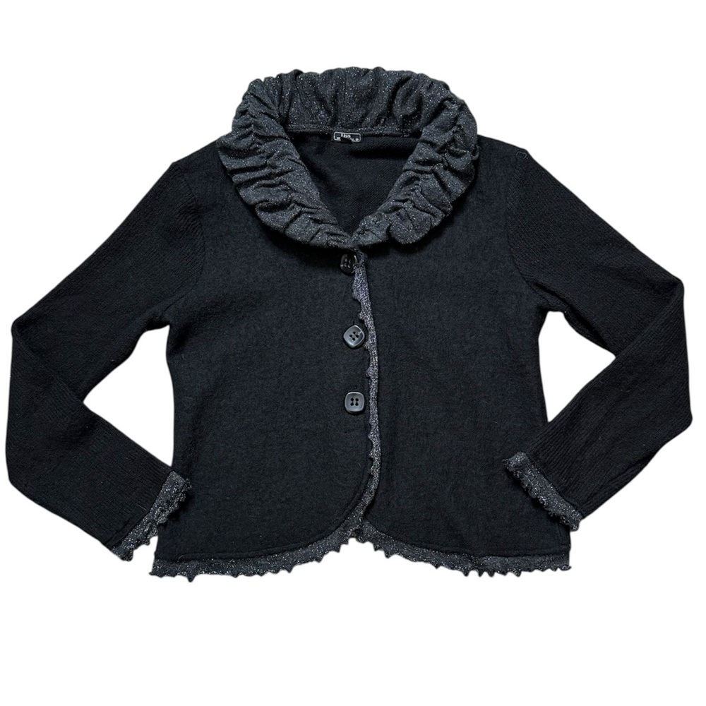 Lisa International Cardigan Sweater Wool Blend Ruffle Collar Glitter M Medium